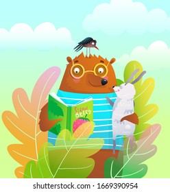 Bear Teddy and Rabbit reading book in the nature, colorful forest background cartoon. Funny animals friends teddy bear crow and bunny studying homework, amusing smart characters vector design.