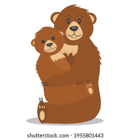Bear and a teddy bear are sitting with their arms around each other. Mom and baby hug