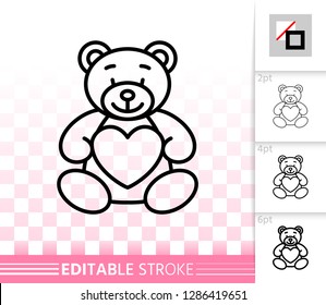 Bear Teddy thin line icon. Outline web sign of romantic love. Linear pictogram with different stroke width. Simple vector symbol, transparent background. February 14 editable stroke icon without fill