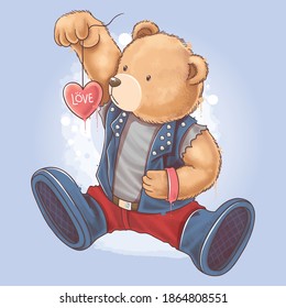 Bear Teddy wears a rocker jacket holding a love heart. This artwork is a vector watercolor painting style, with separate layers and is easy to edit