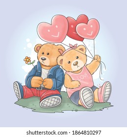 Bear Teddy wears rocker jacket and his girlfriend who carries love heart balloon  This vector uses watercolor painting style that is easy to edit