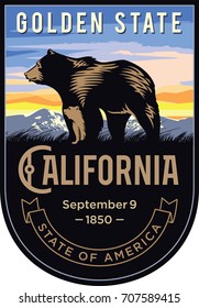 Bear with a teddy-bear, California state emblem, the dawn on a dark background