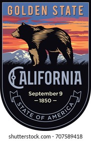 Bear with a teddy-bear, California state emblem, sunset on a dark background