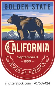 Bear with a teddy-bear, California state emblem, the dawn on a red background