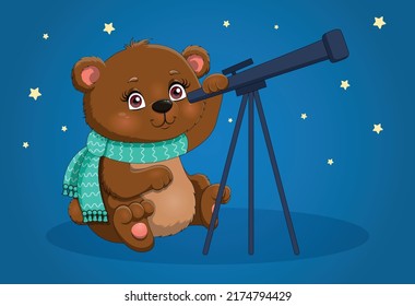 Bear with telescope. Cute child character studying stars at night. Inquisitive animal, mascot. Astrology and astronomy, starry sky, space, galaxy and universe. Cartoon flat vector illustration