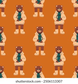 Bär mit Thermos Herbst nahtloses Muster. Herbst-Hintergrund mit Wild Animal trägt warme Kleidung. Trendy flach Stil wiederholen Vektorgrafik