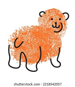 Huella digital del oso, retrato aislado de animal mamífero forestal con abrigo opaco. Emoji de Ursal, adorable cuadro infantil personal. Dibujo simple de carácter con timbre de dedo, vector de estilo plano