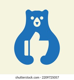 Bear Thumbs Up Logo Negative Space Vector Template. Bear Holding Like Symbol