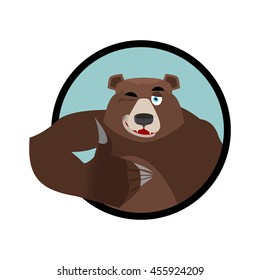 Bear thumbs up and winks. all well Grizzlies. Signs okay. Hand showing ok. Gesture of arm. Good happy wild animal. Forest beast with brown fur. Big strong predator