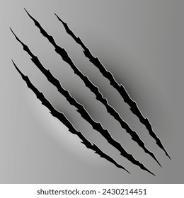 Marca de uña de tigre o oso. Rasguños y rastros rasgados de rayas de patas de animales vectoriales. Agujero en hoja de papel con bordes rasgados. Ilustración de vector