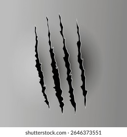 Bear or tiger claw mark. Scratches and torn traces of vector animal paw slashes. Hole in sheet of paper with torn edges. Vector illustration