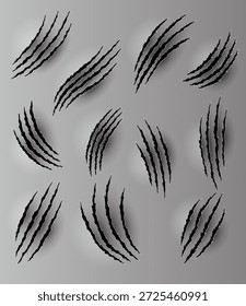Marcas de garra de oso o tigre. Rasguños y rastros desgarrados de cortes de patas de animales de Vector. Agujero en una hoja de papel con los bordes rotos. Ilustración vectorial