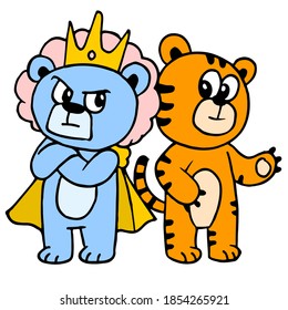 oso y tigre son amigos. ilustración vectorial del dibujo del doodle de dibujos animados