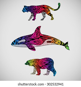 Bear, tiger and grampus in abstract ornate set.