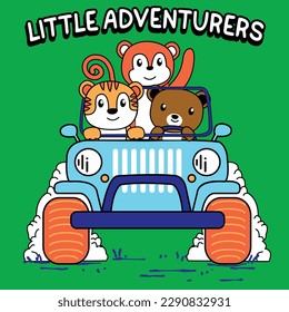 BEAR, TIGER AND A MONKEY DRIVING A CAR LITTLE ADVENTURERS