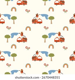 Bär und Tiger Tränken durch Feuer LKW Cartoon so süß. Auf Baum-Regenbogen-floralem Hintergrund. Muster nahtlose Vektorgrafik. 