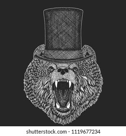 Bear Top hat, cylinder. Hipster animal, gentleman. Classic headdress. Print for children t-shirt, kids clothing.