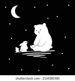 Bären und zwei Kaninchen in der Nacht. Einfache Vektorkunst.