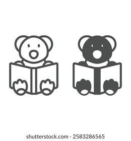 Bear toy and book line and solid icon, love animals tale concept. Vector graphics. Bear animal with opened textbook sign on white background, outline style icon for mobile or web design