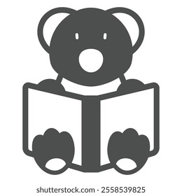 Bear toy and book solid icon, love animals tale concept. Vector graphics. Bear animal with opened textbook sign on white background, glyph style icon for mobile or web design