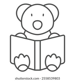 Bear toy and book thin line icon, love animals tale concept. Vector graphics. Bear animal with opened textbook sign on white background, outline style icon for mobile or web design