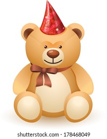The bear toy with a bow and festive cap isolated on white background