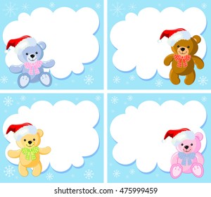 Bear, toy. Colorful collection of teddy bears for girls and boys. Christmas background for text. Hat Santa Claus. Snowflakes