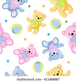 Bear, toy. Colorful seamless pattern of teddy bears for girls and boys. It can be used for baby textile, wrapping paper and children's room decoration. 