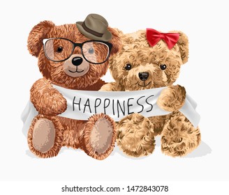 bear toy couple holding happiness sign illustration