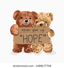 bear toy couple holding "hope" cardboard sign illustration