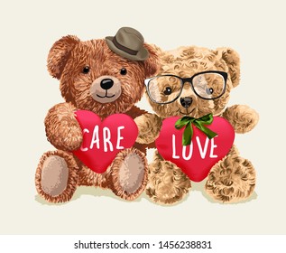 bear toy couple holding love and care heart illustration