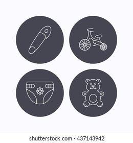 Bear toy, diapers and first bike icons. Pin linear sign. Flat icons in circle buttons on white background. Vector