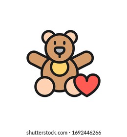 Bear toy, donation to children, charity flat color line icon.