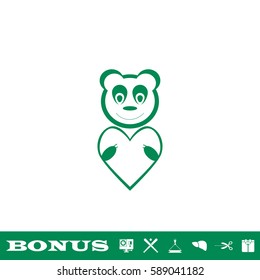 Bear Toy With Heart icon flat. Green pictogram on white background. Vector illustration symbol and bonus button