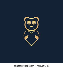 Bear Toy With Heart icon flat. Simple gold pictogram on dark background. Vector illustration symbol
