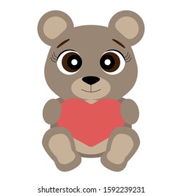 Bear toy holding a heart with big eyes, cute, isolated on white background. Valentine's day gift. Vector stock illustration.