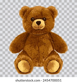 Bear toy realistic vector illustration isolated on transparent background. Cute teddy soft doll character. Fashion print or poster design element