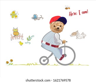 Bear toy riding bicycle illustration. Around the teddy bear butterflies fly, bees and lambs run
