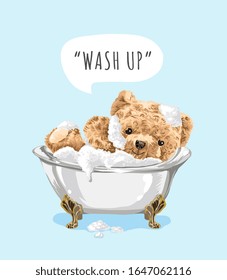 bear toy shower in bathtub illustration