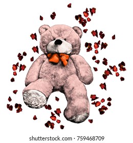 bear toy soft ivy with rose petals sketch vector graphics color picture