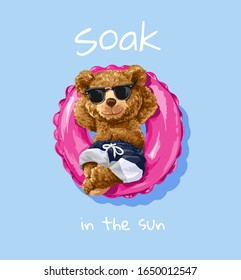 bear toy in sunglasses sitting in pink swim ring illustration