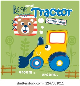 caricatura animal divertida de oso y tractor, ilustración vectorial