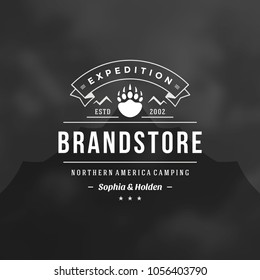 Bear trail logo emblem vector illustration. Outdoor adventure expedition, bear head silhouette shirt, print stamp. Vintage typography badge design.