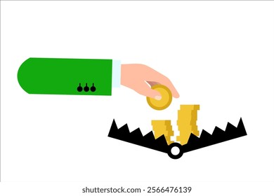 Bear trap, money as bait, hand with money. Vector simple color flat illustration.