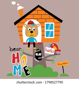 bear in the tree house funny animal cartoon,vector illustration 