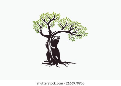 logo de oso y árbol con un oso parado abrazando un árbol