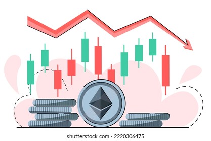 bear trends of ethereum. Bear red down arrow in the cryptocurrency market. ETH price, bear market. crypto down trend.  japanese candles and logo ether coin. vector isolated on white