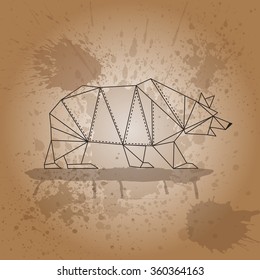 Bear from triangles outline strokes on brown background and watercolor splashes