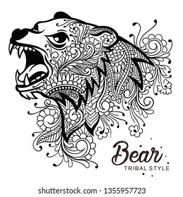 Bear Tribal Style Head, Hand Drawn