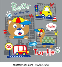 bear and turtle on the city funny animal cartoon,vector illustration